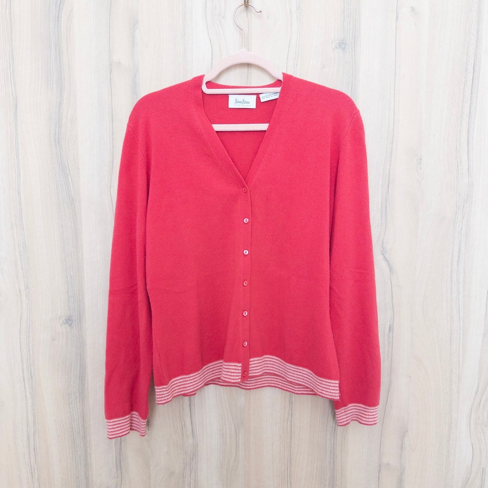 Vintage Neiman Marcus Women Cashmere Cardigan L Coral V-Neck Quiet Luxury Preppy